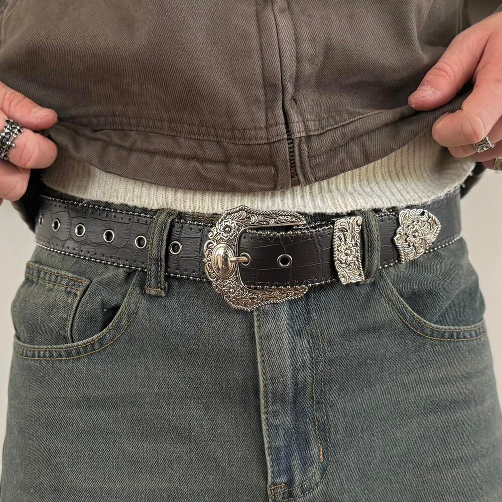 vintage black alligator skin western cowboy boho belt